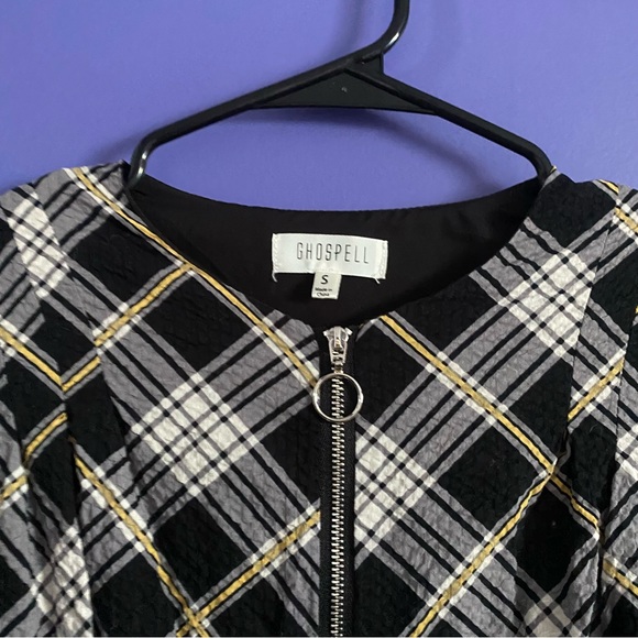 ghospell black plaid puff sleeve flare skirt dress - Picture 3 of 5